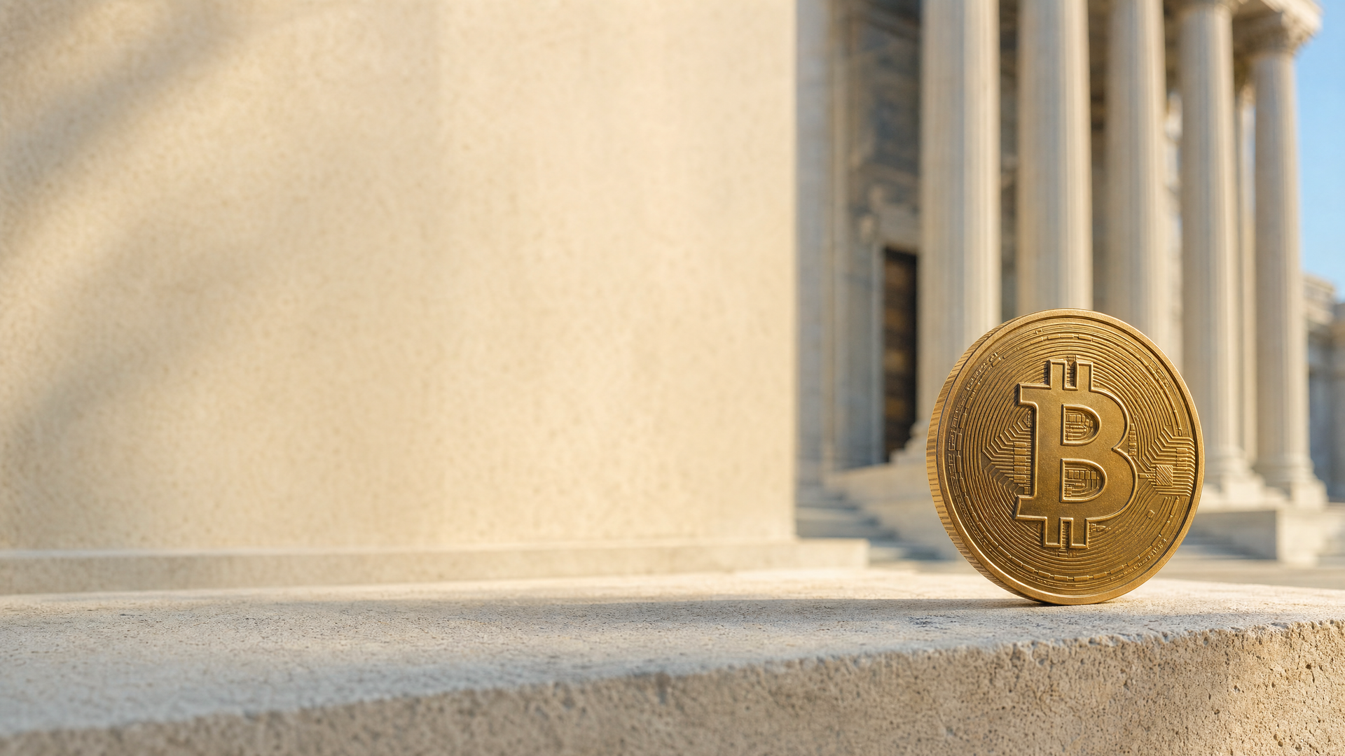 Koncepční AI ilustrace: symbolická bitcoinová rekvizita před generickou budovou, nikoli záznam skutečné události